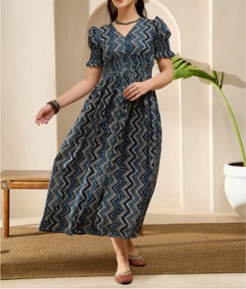 Globus Women Navy Blue V-Neck Puff Sleeves Dress