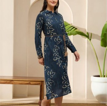 Globus Women Blue Collared Neck Cuff Sleeves Kurta